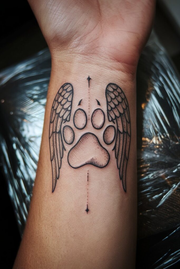 Memorial Paw Print with Angel Wings Tattoo