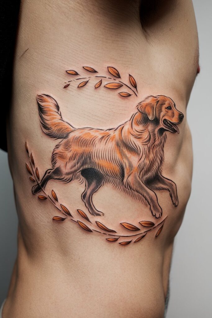 Golden Retriever in Motion with Leaves Tattoo