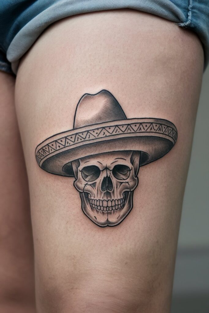 Sombrero Skull Tattoo on the Thigh