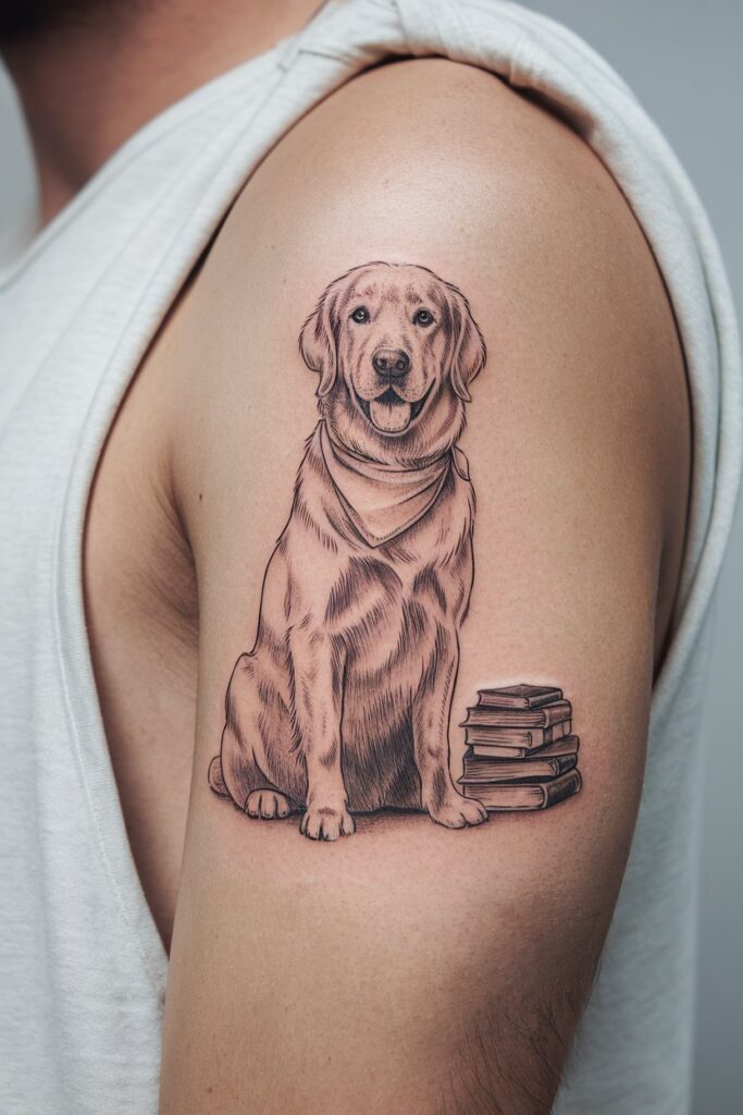  Golden Retriever with Books Tattoo