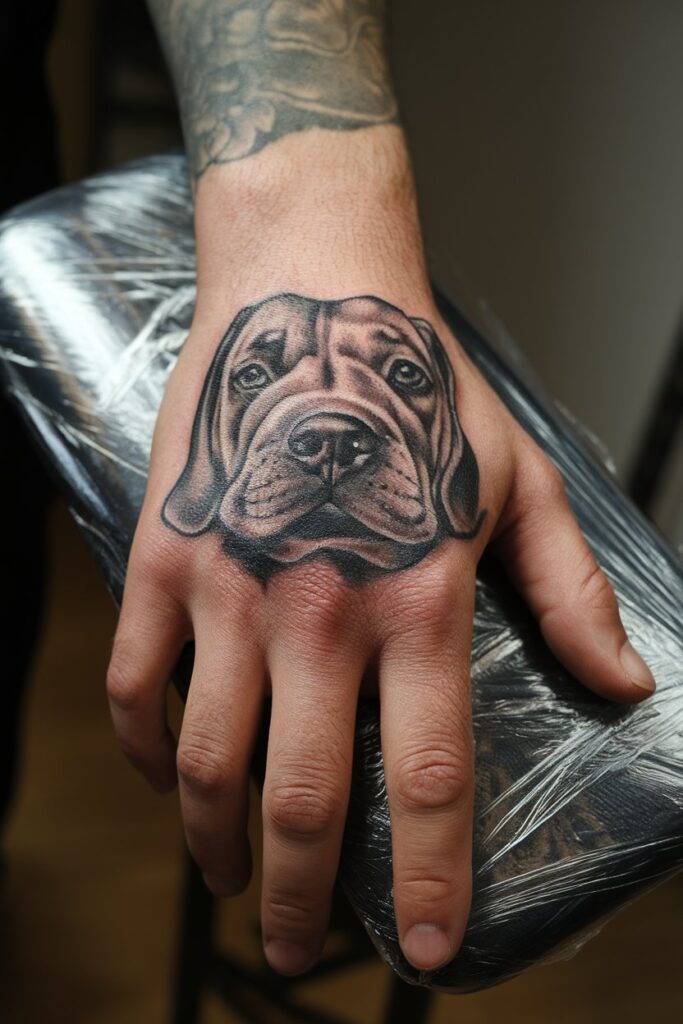 Realistic Dog Portrait Hand Tattoo