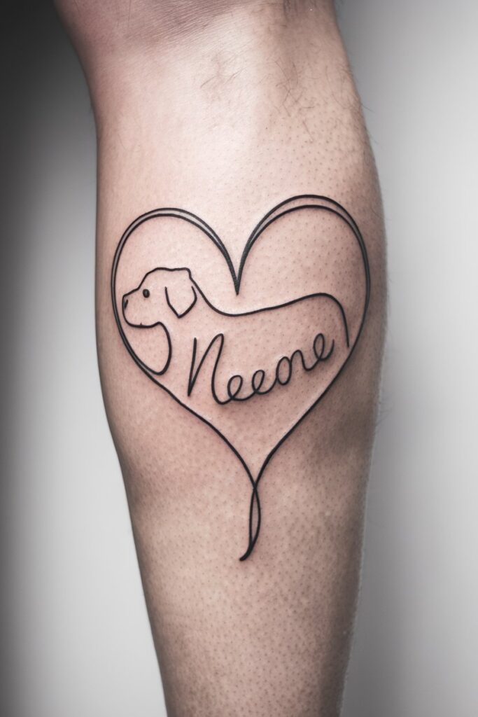 Heart Outline with Dog and Name Tattoo