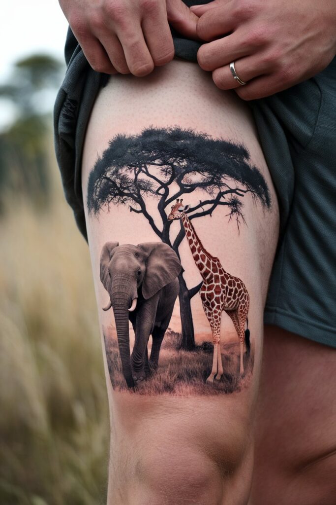 Elephant and Giraffe Safari Scene Tattoo