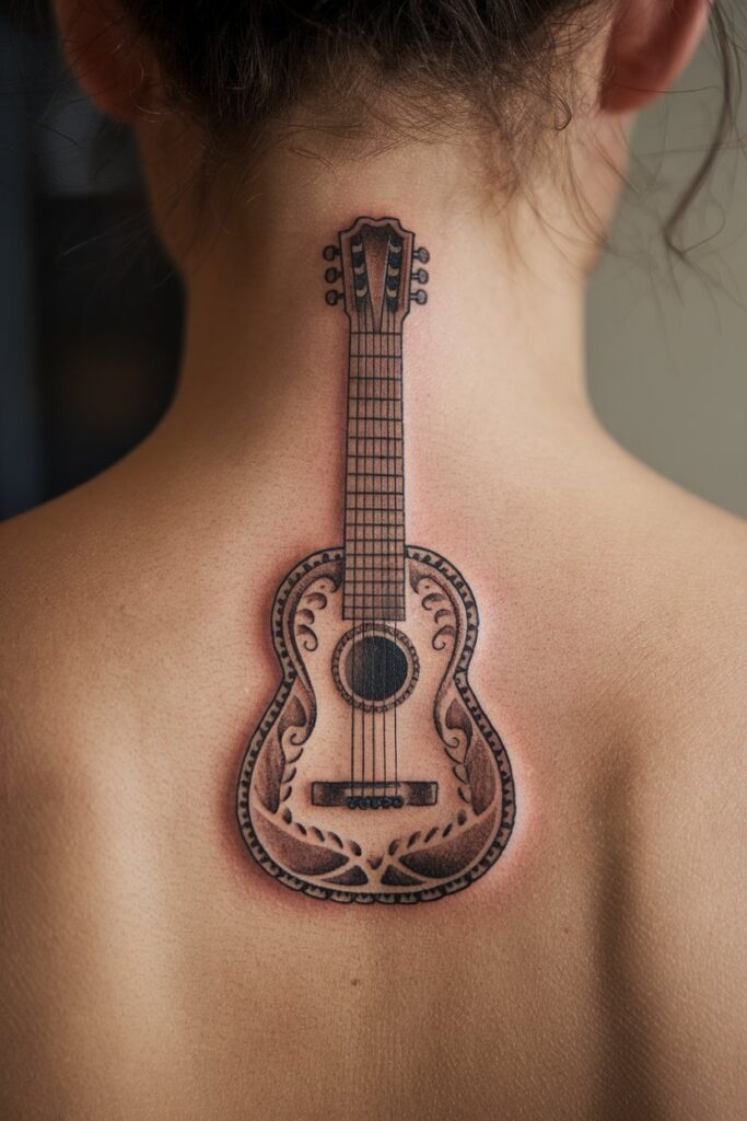 Guitar Tattoo on the Back of the Neck