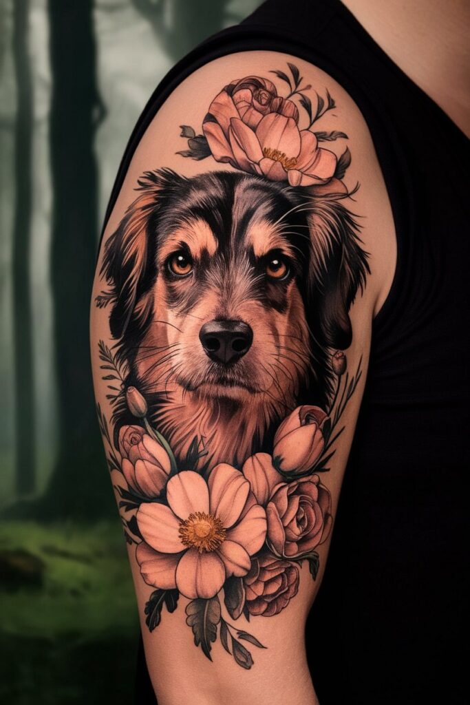 Dog Portrait with Floral Accents Tattoo