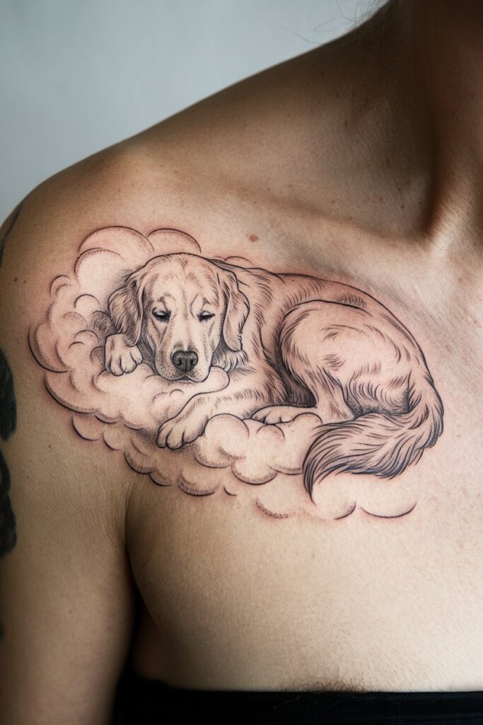 Golden Retriever Sleeping on a Cloud Tattoo