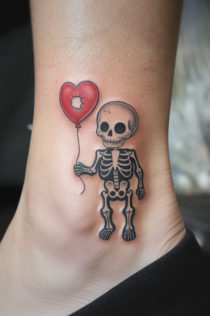 Playful Skeleton with Heart Balloon