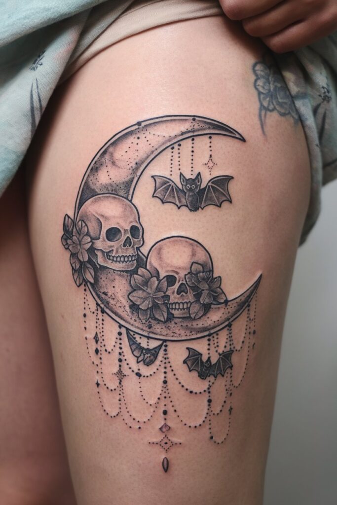 Crescent Moon with Skulls and Bats