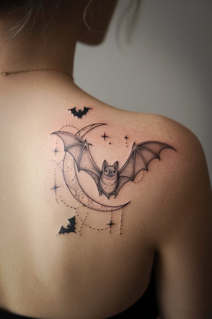 Bat with Crescent Moon and Stars