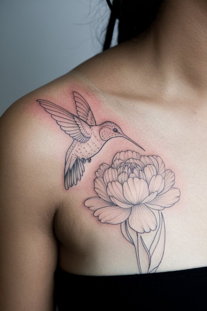 Hummingbird and Flower Tattoo on Shoulder