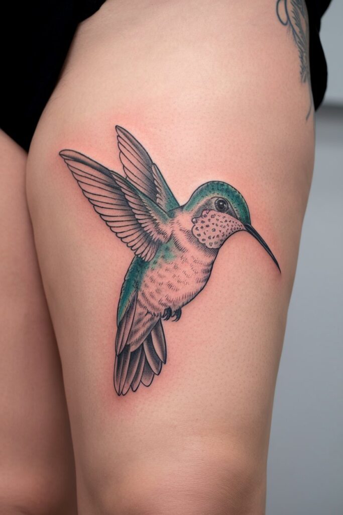 Colorful Hummingbird Tattoo on Thigh