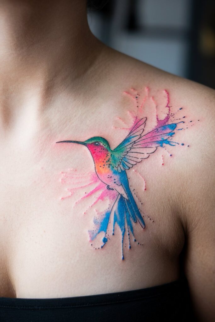 Vibrant Watercolor Hummingbird Tattoo