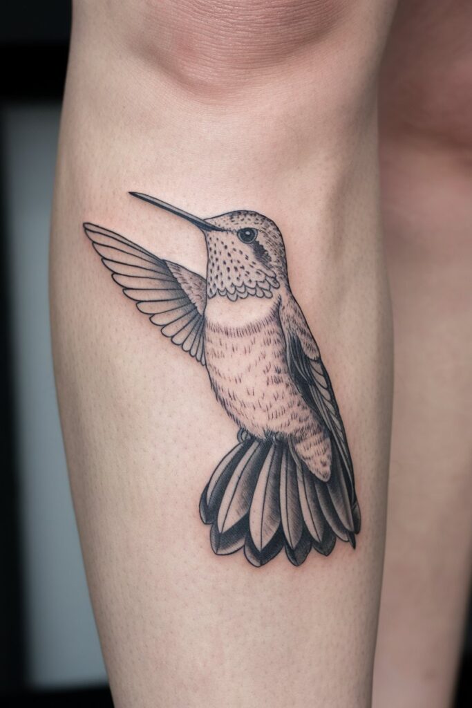 Minimalist Hummingbird Tattoo on Calf