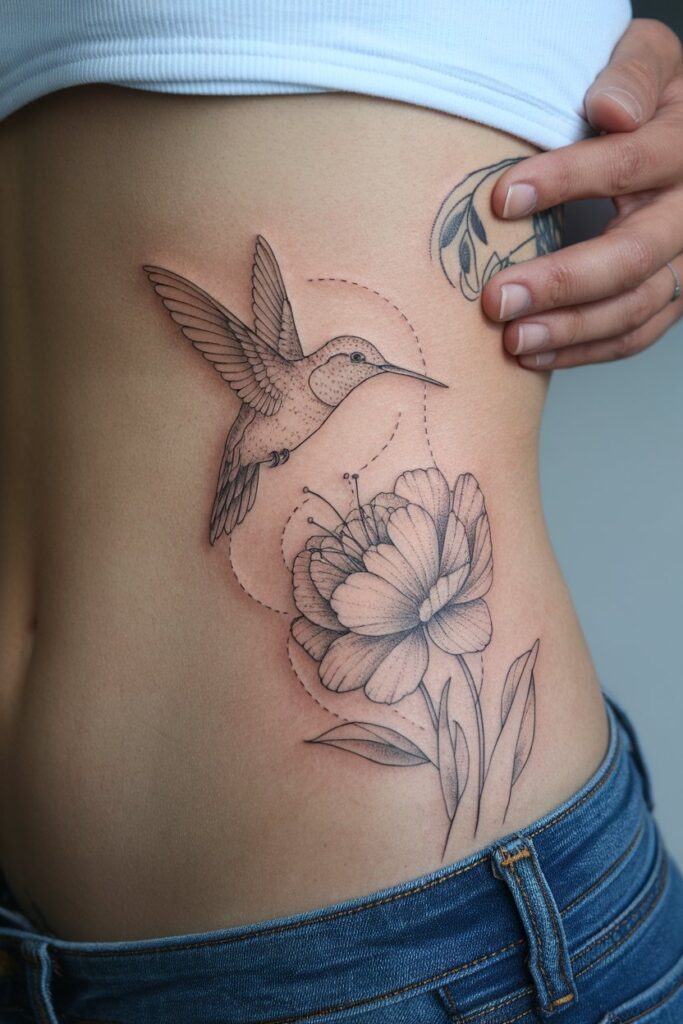 Hummingbird and Flower Fine Line Tattoo