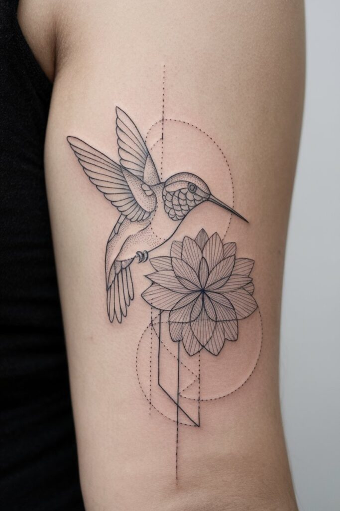 Geometric Hummingbird and Flower Tattoo Design