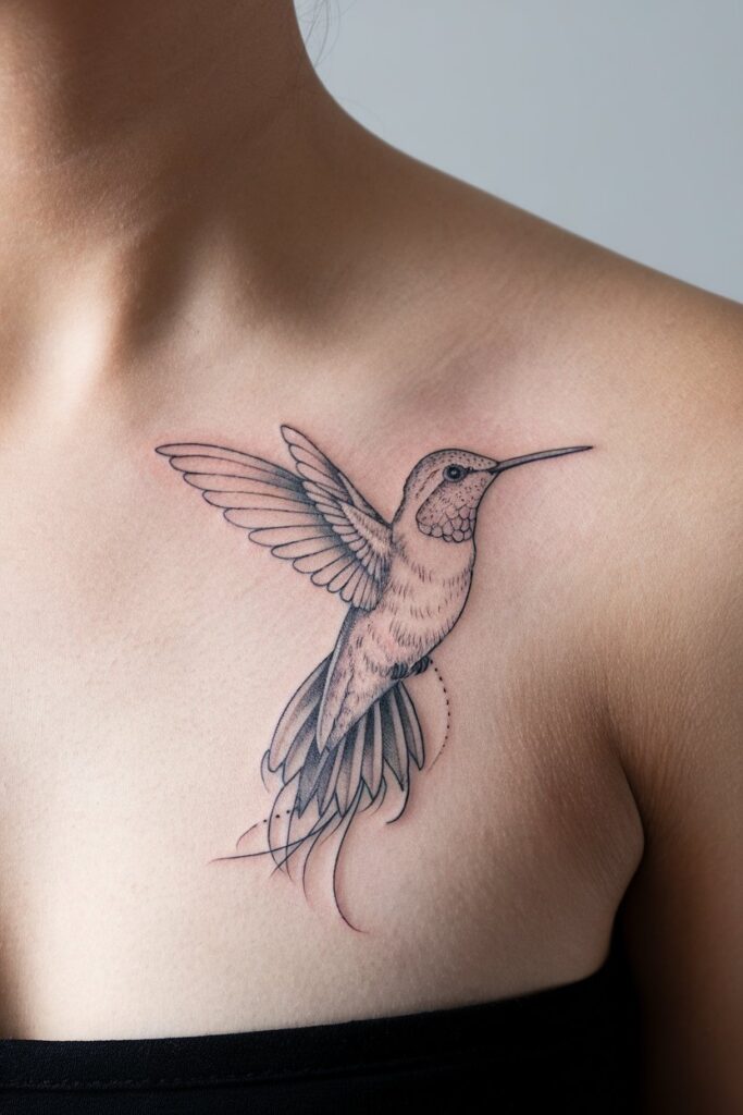 Fine Line Hummingbird Tattoo on Collarbone