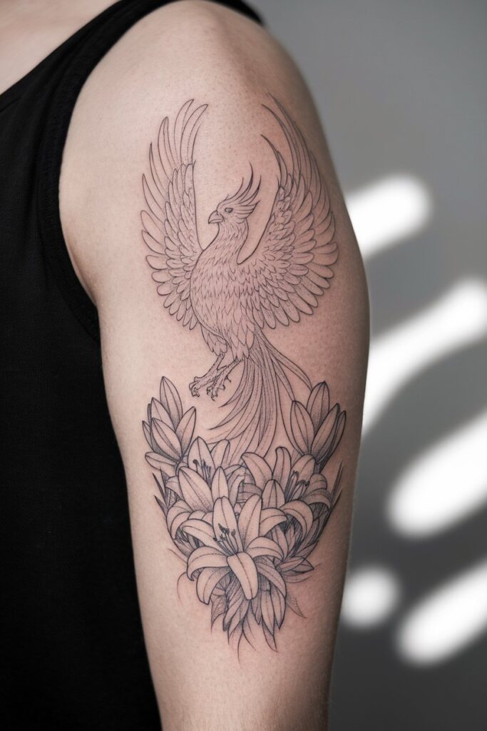 Phoenix Tattoo with Floral Accents