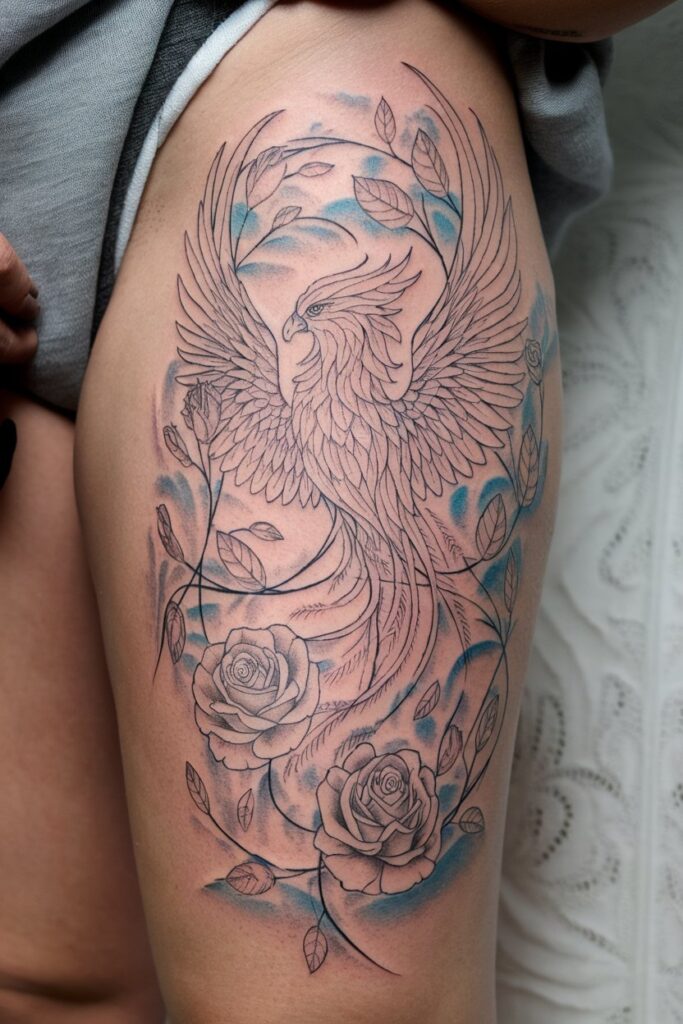 Elegant Phoenix Tattoo with Rose Accents