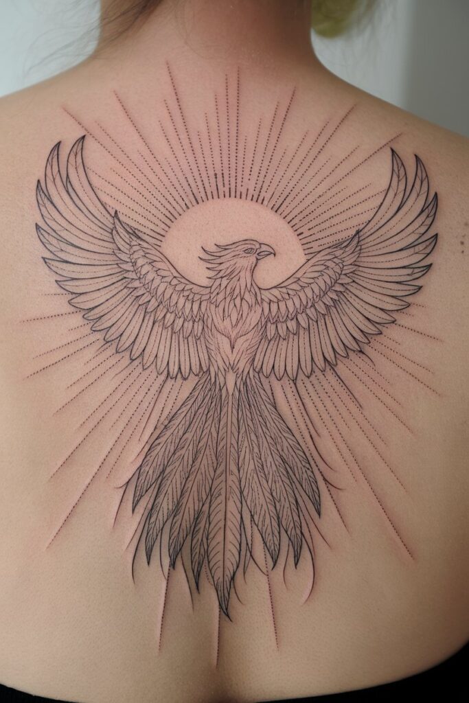 Radiant Phoenix Tattoo with Sunburst Design