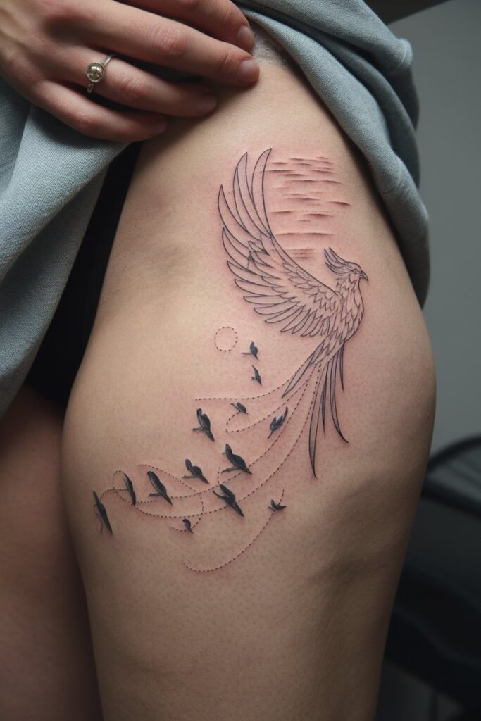 Dynamic Phoenix Tattoo with Birds in Flight