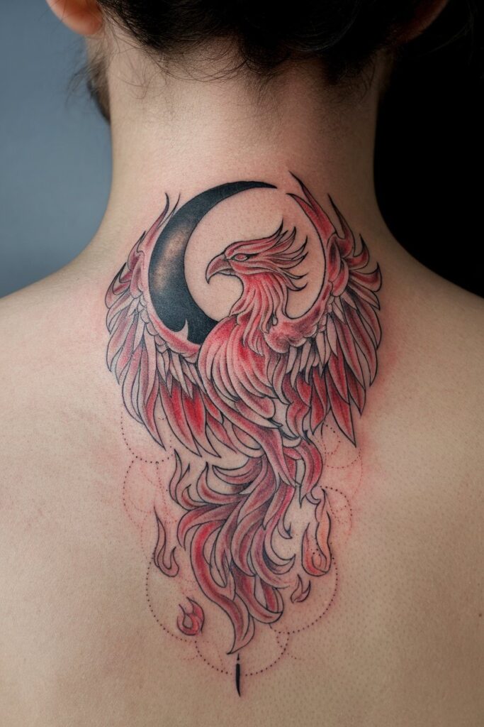 Red Phoenix with Crescent Moon Tattoo