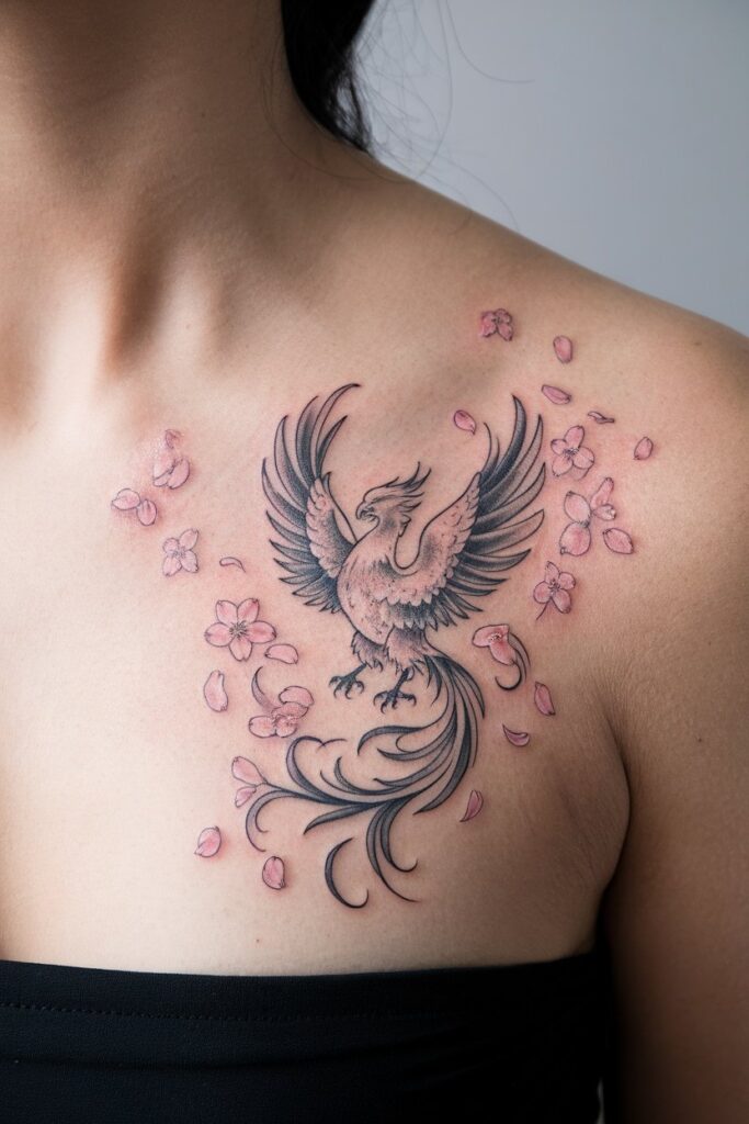 Phoenix with Cherry Blossom Petals Tattoo