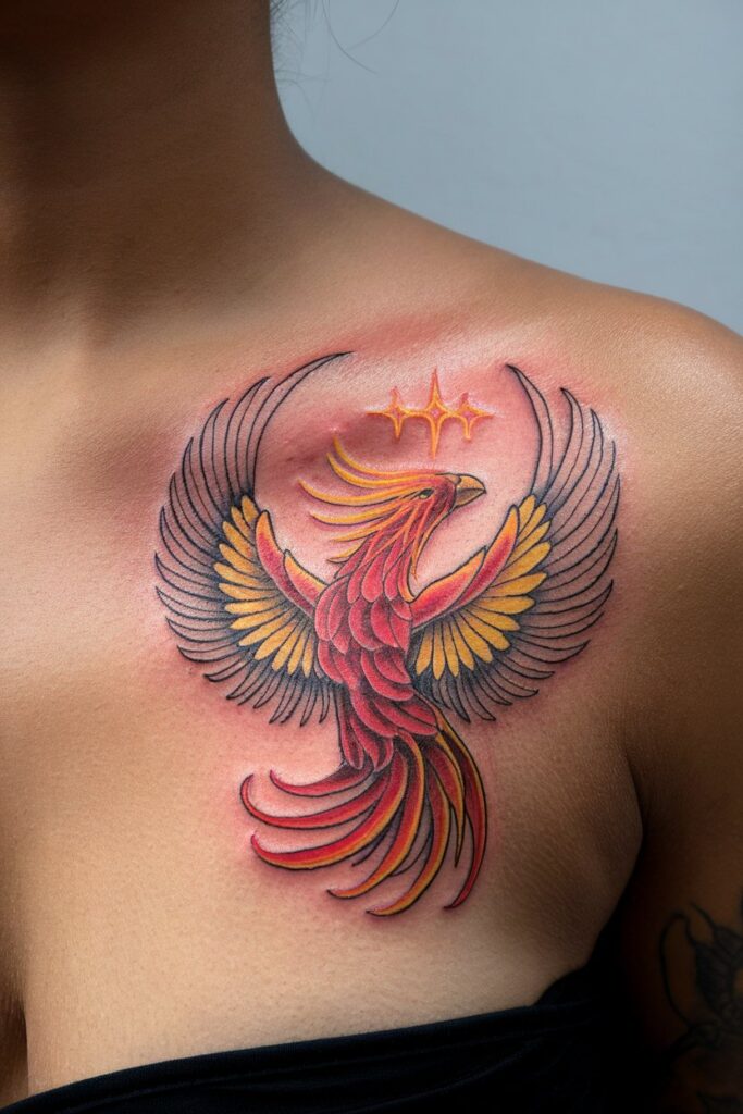 Vibrant Phoenix and Stars Tattoo