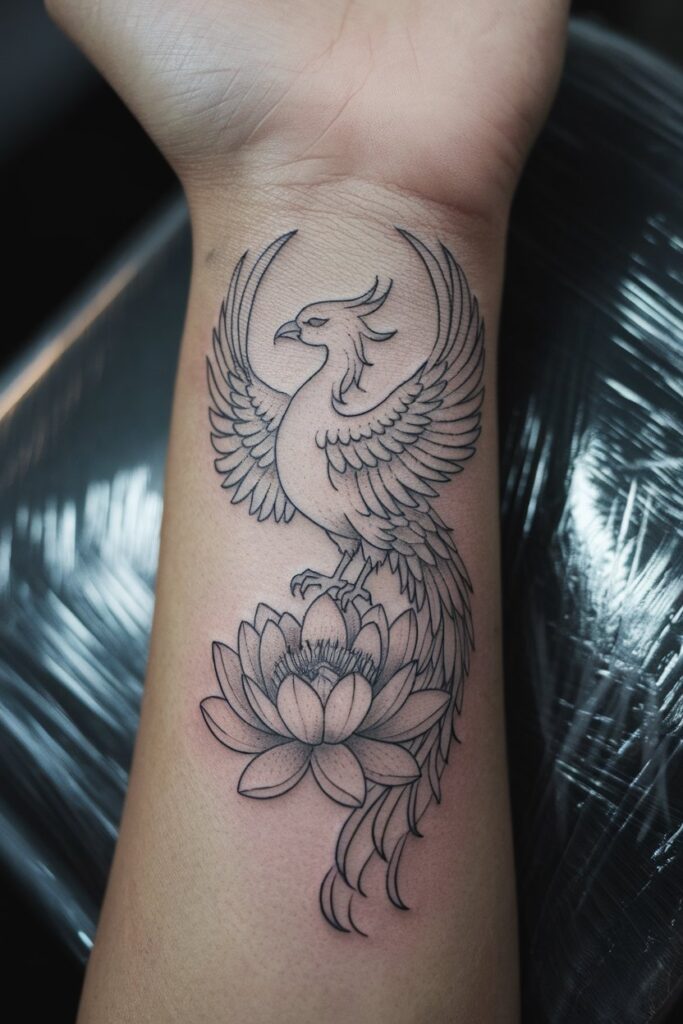 Elegant Phoenix and Lotus Tattoo