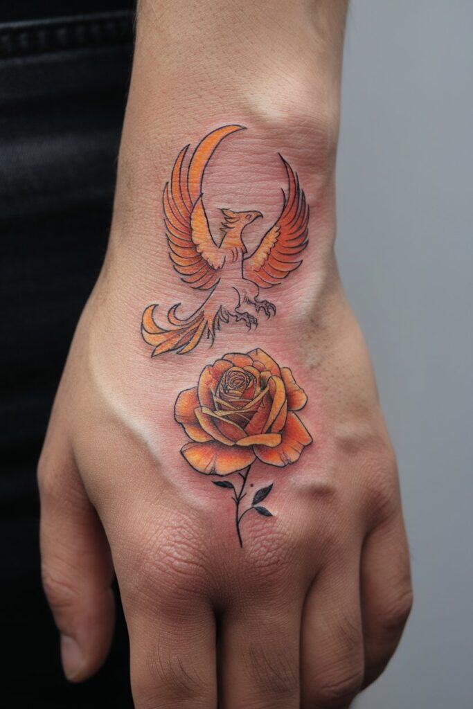 Vibrant Phoenix and Rose Hand Tattoo