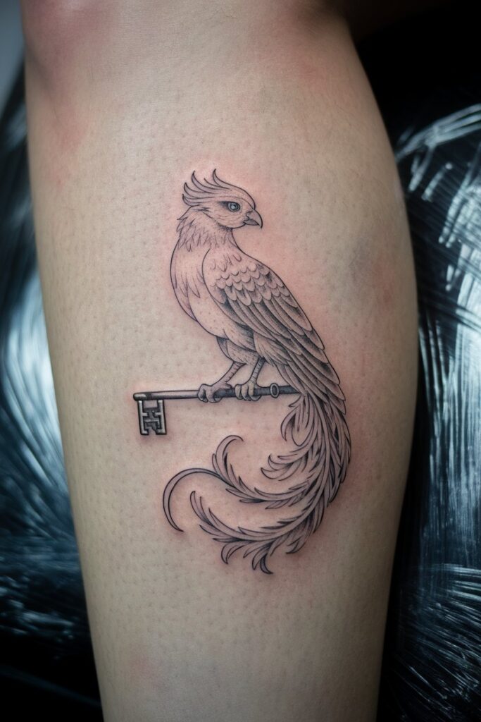 Phoenix Perched on a Key Tattoo