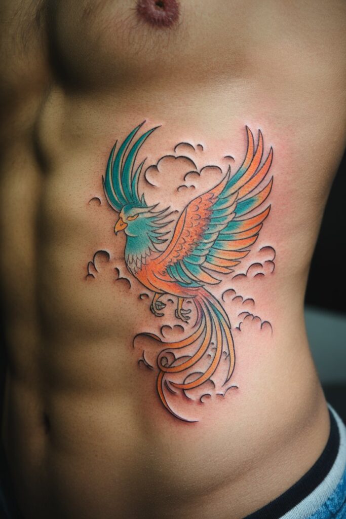 6. Vibrant Phoenix in the Clouds Tattoo