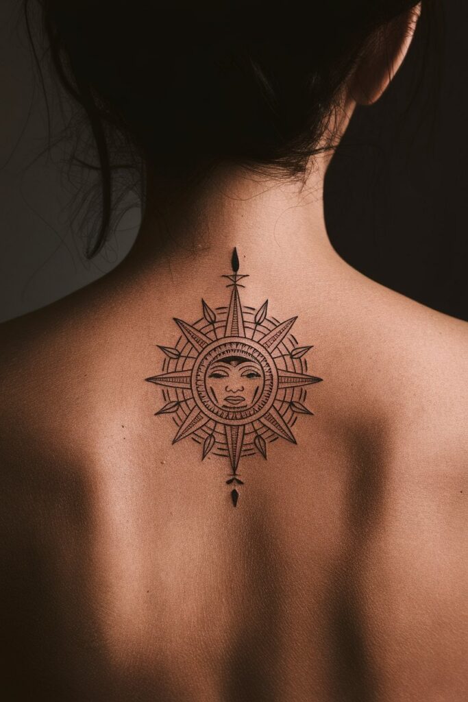 Sun Compass Tattoo on the Upper Back