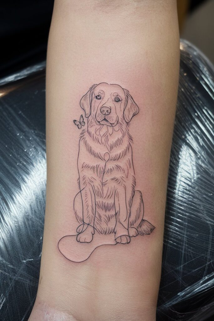 Sitting Dog with Butterfly Tattoo