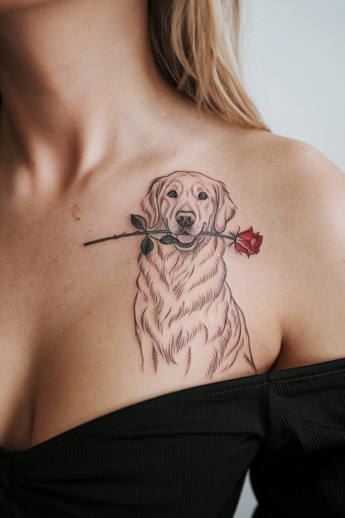 Golden Retriever with Rose Tattoo