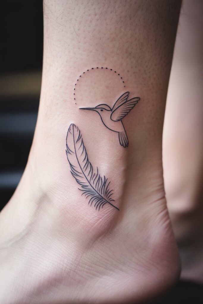 Minimalist Hummingbird and Feather Tattoo