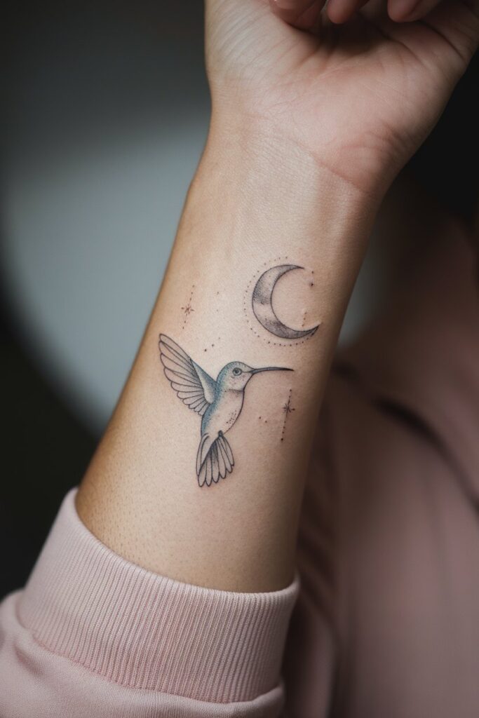 Hummingbird and Crescent Moon Tattoo