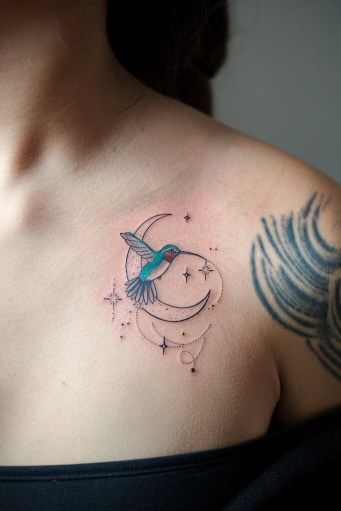 Hummingbird and Crescent Moon Shoulder Tattoo