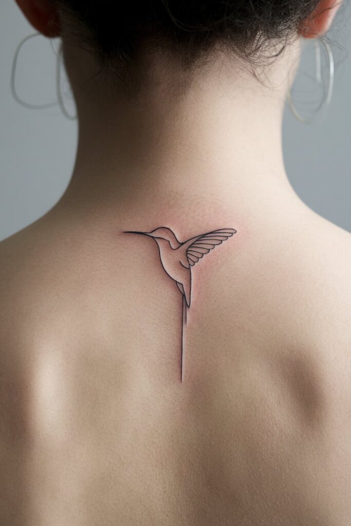 Elegant Hummingbird Outline Tattoo on the Upper Back