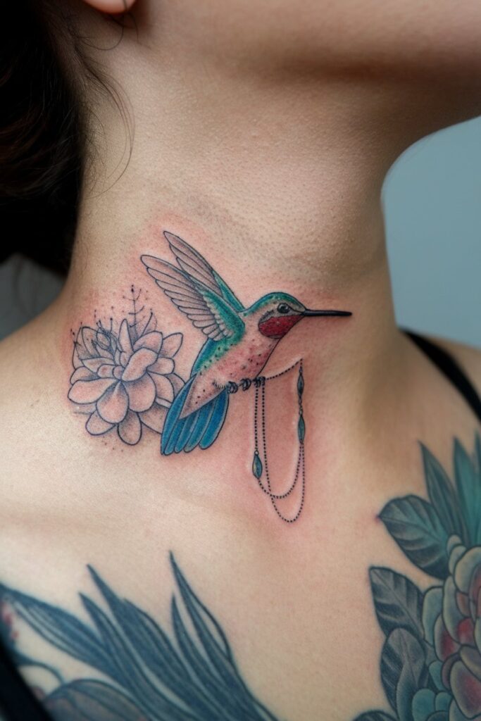 Vibrant Hummingbird and Floral Neck Tattoo