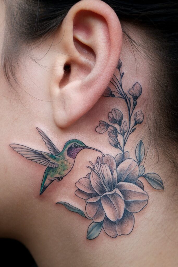 Delicate Hummingbird and Flower Tattoo Behind the Ear