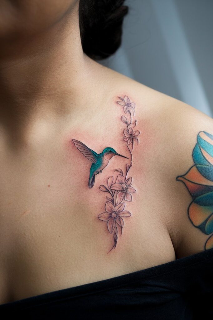 Colorful Hummingbird and Floral Tattoo