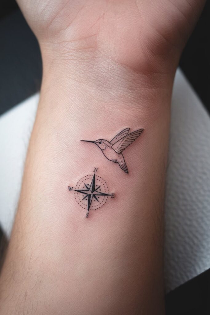 Hummingbird and Compass Wrist Tattoo