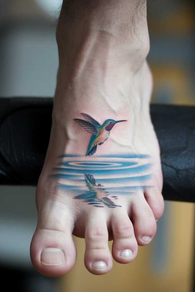  Hummingbird Reflection Foot Tattoo