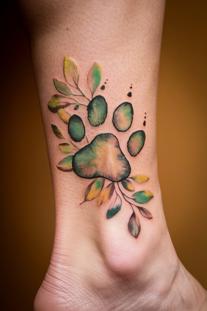 Watercolor Paw Print with Leaves Tattoo