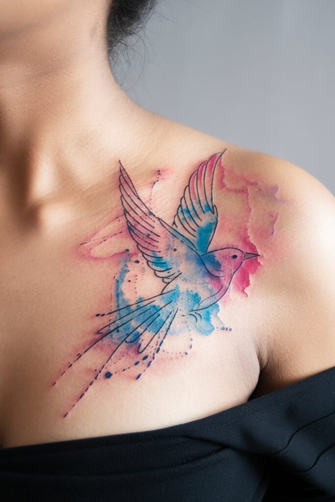 Watercolor Bird Clavicle Tattoo