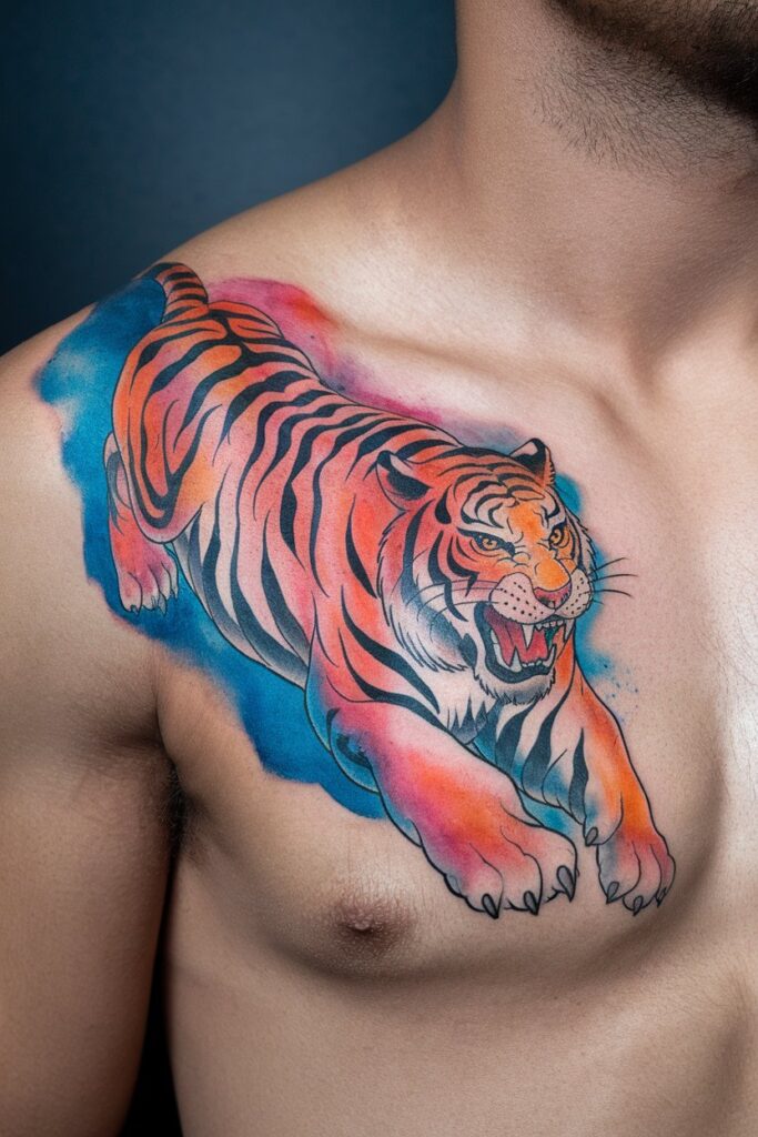 Dynamic Tiger Clavicle Tattoo