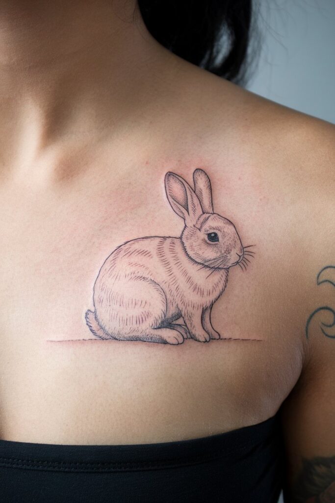 Whimsical Rabbit Tattoo for Clavicle Placement