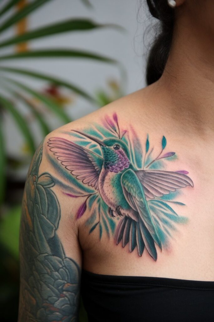 Vibrant Hummingbird Clavicle Tattoo