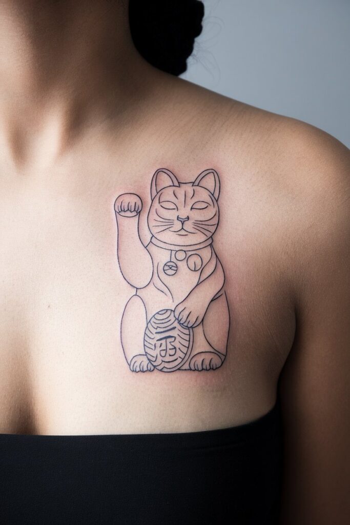 Minimalist Maneki-Neko Clavicle Tattoo