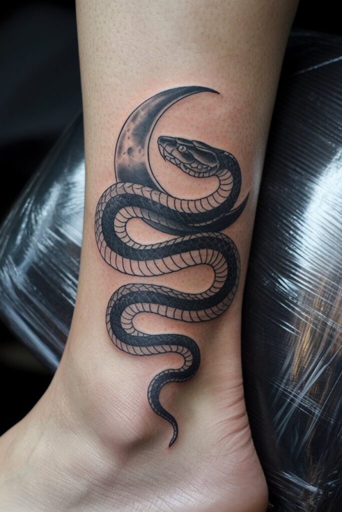 Snake and Crescent Moon Tattoo for a Mysterious, Elegant Look